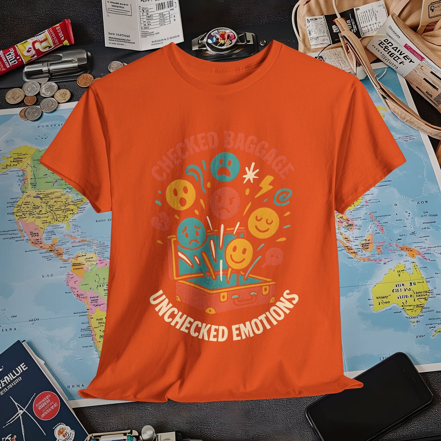 Checked Baggage Unchecked Emotions T-Shirt – Vintage Emoticons Luggage Travel Tee for Emotional Travelers Air Travel T-Shirts | Jetsetter, Airport, and International Flight Tees