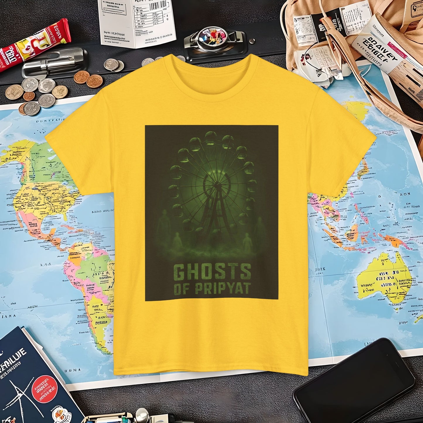 Neon Green Pripyat Ferris Wheel & Ghostly Silhouettes Tee – Chernobyl Dark Tourism Shirt | Layover Club Air Travel T-Shirts | Jetsetter, Airport, and International Flight Tees