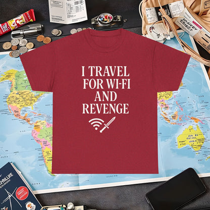 I Travel for WiFi and Revenge – Bold Quote Tee with Dagger Icon Air Travel T-Shirts | Jetsetter, Airport, and International Flight Tees
