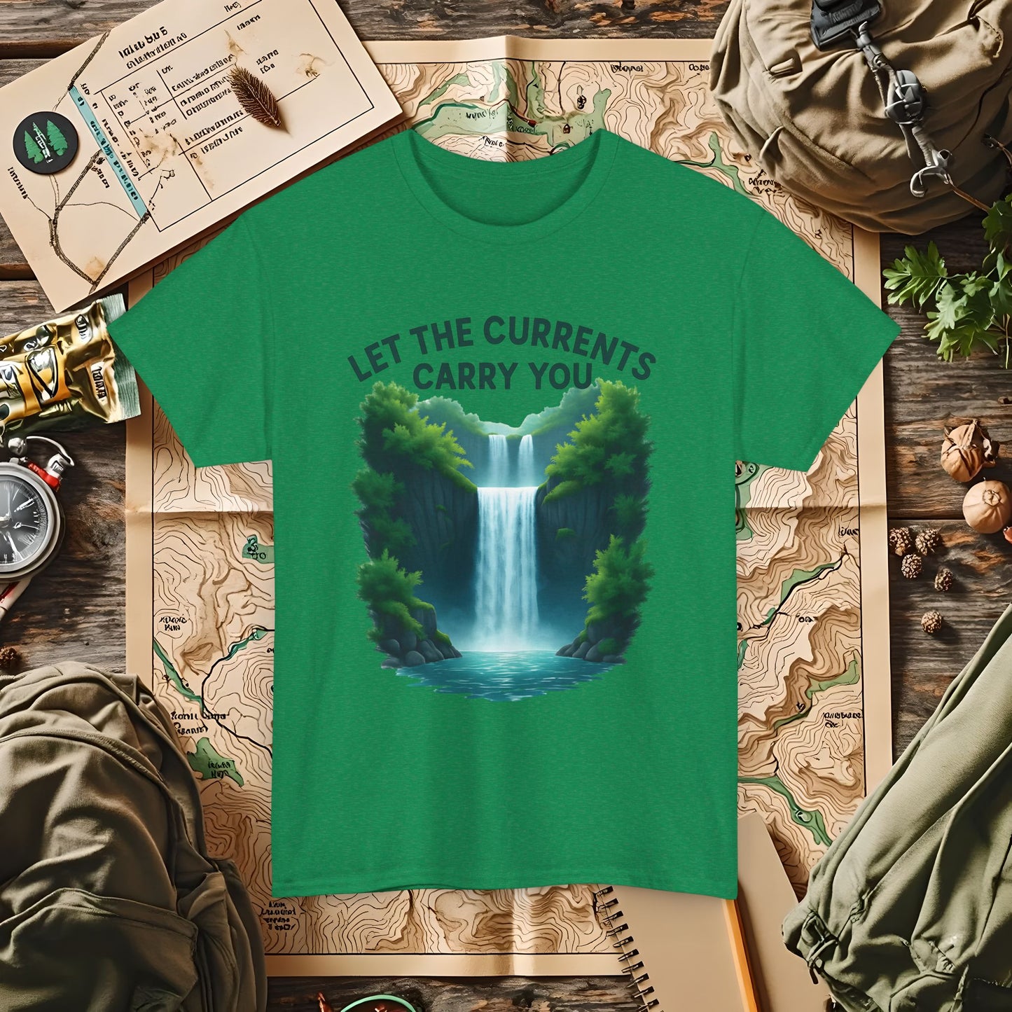 Let the Currents Carry You T-Shirt – Waterfall Escape Design Camping, Hiking, Rafting & Kayaking Tees for Nature Lovers