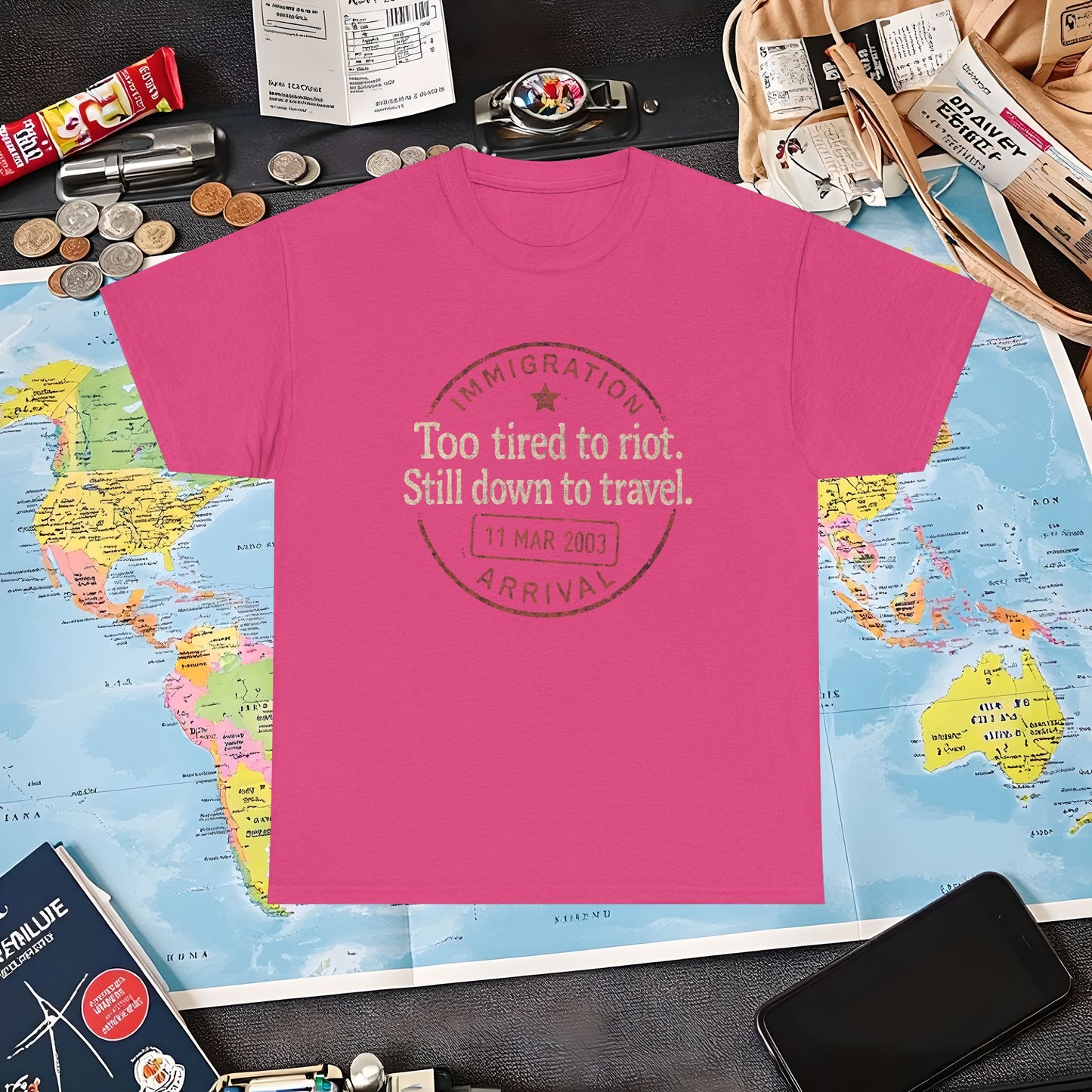 Too Tired to Riot, Still Down to Travel – Vintage Passport Stamp Travel Quote Tee Air Travel T-Shirts | Jetsetter, Airport, and International Flight Tees