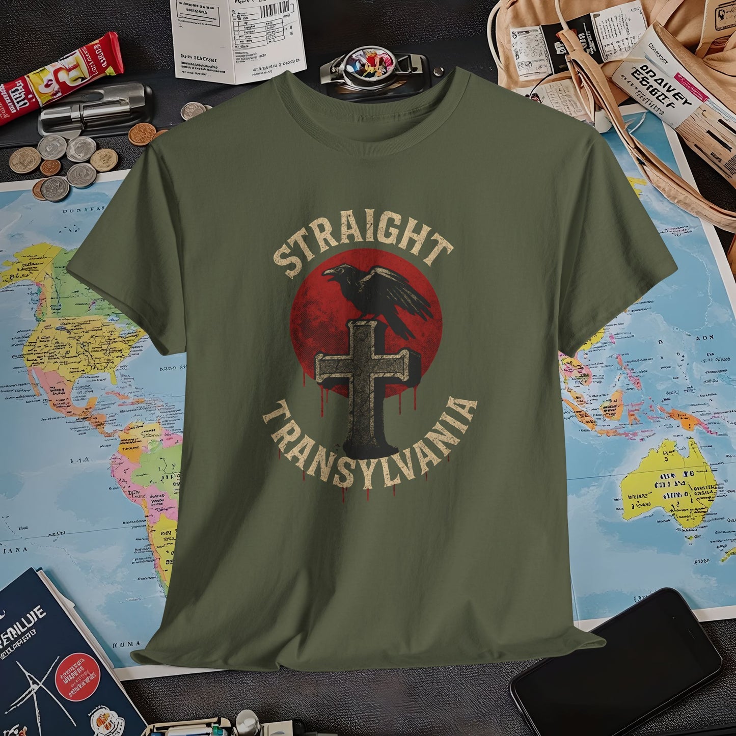 Blood Moon Raven Gothic Cross Tee – Dark Transylvania Travel Shirt | Layover Club Air Travel T-Shirts | Jetsetter, Airport, and International Flight Tees