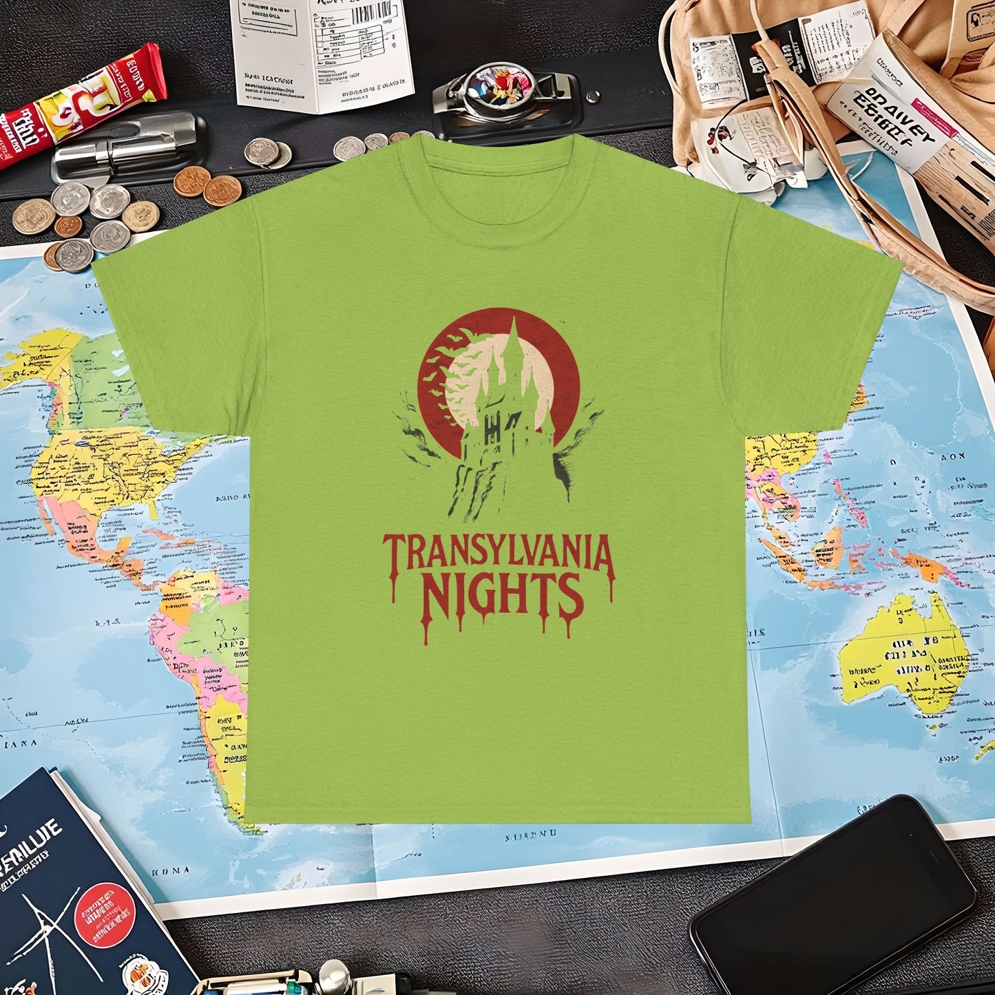 Gothic Transylvania Castle under Crimson Moon Tee – Dark Travel Romania Shirt | Layover Club Air Travel T-Shirts | Jetsetter, Airport, and International Flight Tees
