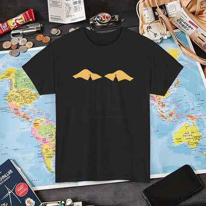 Bucaramanga Cathedral with Andes Silhouette – Vintage Colombia Travel Tee | Layover Club Air Travel T-Shirts | Jetsetter, Airport, and International Flight Tees