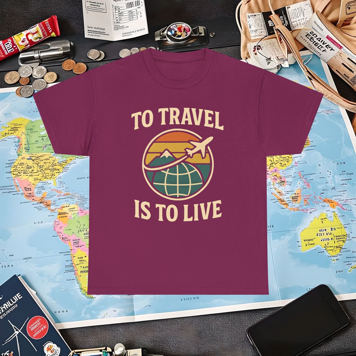 To Travel Is To Live – Vintage Globe & Airplane Travel Badge Tee (Layover Club) Air Travel T-Shirts | Jetsetter, Airport, and International Flight Tees