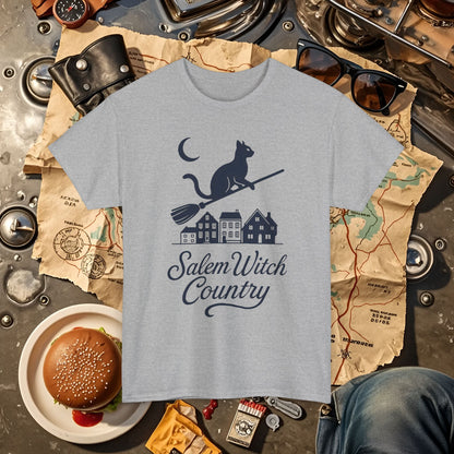 Midnight Cat on Broom – Salem Witch Country Silhouette Tee | Car, RV, and Motorcycle Adventure Tees