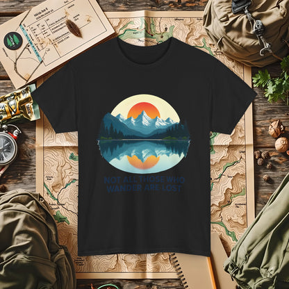 Not All Who Wander Are Lost T-Shirt – Sunset Over Mountain Lake and Forest Reflection Camping, Hiking, Rafting & Kayaking Tees for Nature Lovers