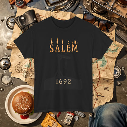 Salem 1692 Gothic Noose & Candle Flame Typography Tee – Witch Trials Dark History Shirt | Car, RV, and Motorcycle Adventure Tees