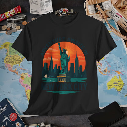 Adventure Awaits in New York City T-Shirt – Sunset Skyline with Statue of Liberty Design Air Travel T-Shirts | Jetsetter, Airport, and International Flight Tees