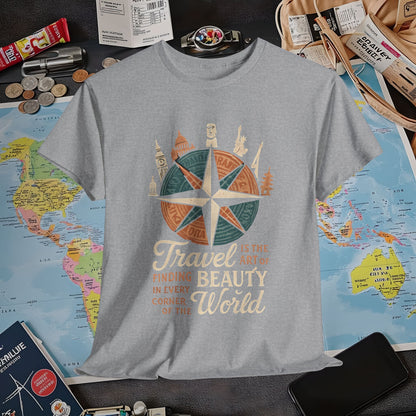 Travel Is the Art of Finding Beauty – Vintage Compass Rose & World Landmark Tee | Layover Club Air Travel T-Shirts | Jetsetter, Airport, and International Flight Tees