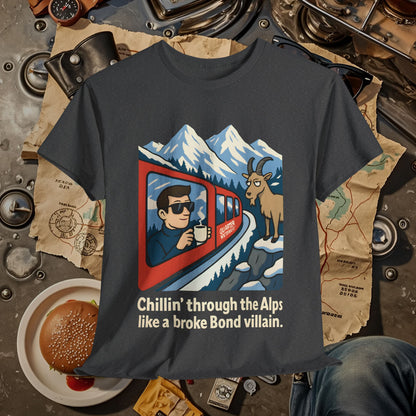 Glacier Express Chill Tee – Skeptical Goat in the Alps Vibe Road Trip & Vehicle Travel T-Shirts | Car, RV, and Motorcycle Adventure Tees