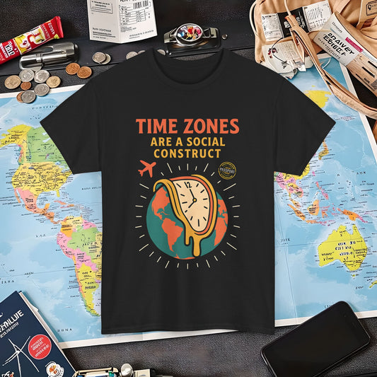 Time Zones Are a Social Construct Tee – Melting Clock Over World Map Travel Shirt Air Travel T-Shirts | Jetsetter, Airport, and International Flight Tees