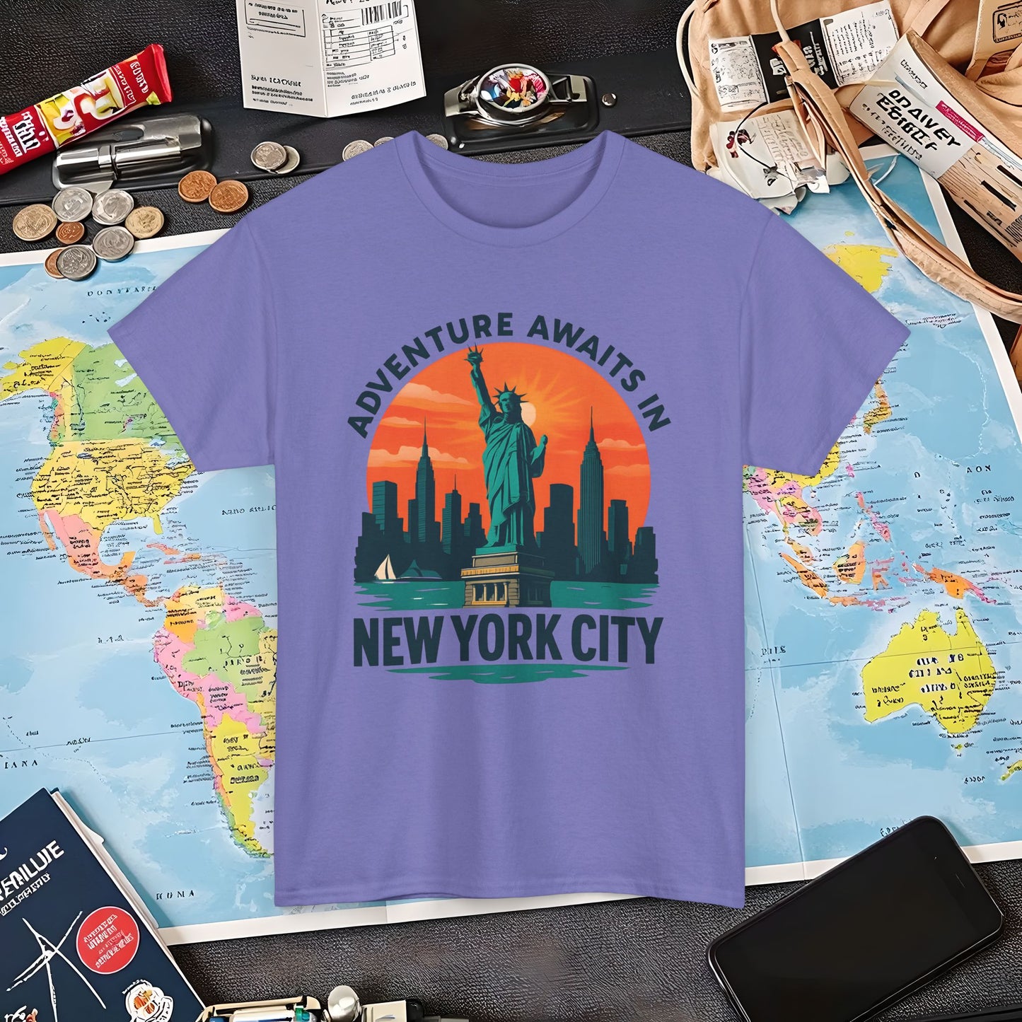 Adventure Awaits in New York City T-Shirt – Sunset Skyline with Statue of Liberty Design Air Travel T-Shirts | Jetsetter, Airport, and International Flight Tees