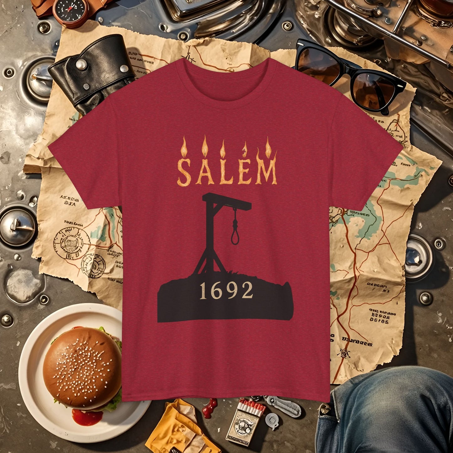 Salem 1692 Gothic Noose & Candle Flame Typography Tee – Witch Trials Dark History Shirt | Car, RV, and Motorcycle Adventure Tees