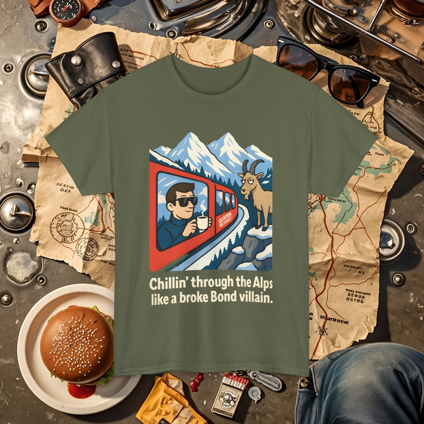 Glacier Express Chill Tee – Skeptical Goat in the Alps Vibe Road Trip & Vehicle Travel T-Shirts | Car, RV, and Motorcycle Adventure Tees