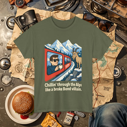 Glacier Express Chill Tee – Skeptical Goat in the Alps Vibe Road Trip & Vehicle Travel T-Shirts | Car, RV, and Motorcycle Adventure Tees