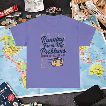 Running From My Problems Through Customs – Vintage Travel Quote Tee with Passport Stamps Air Travel T-Shirts | Jetsetter, Airport, and International Flight Tees
