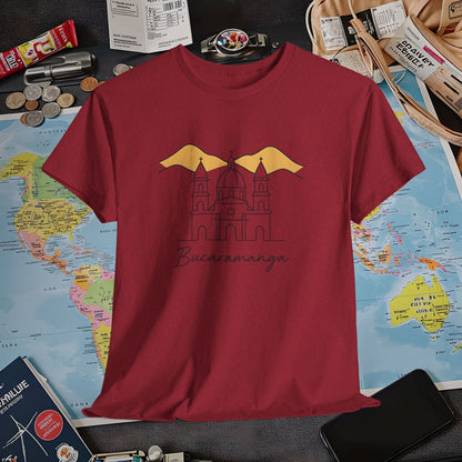 Bucaramanga Cathedral with Andes Silhouette – Vintage Colombia Travel Tee | Layover Club Air Travel T-Shirts | Jetsetter, Airport, and International Flight Tees