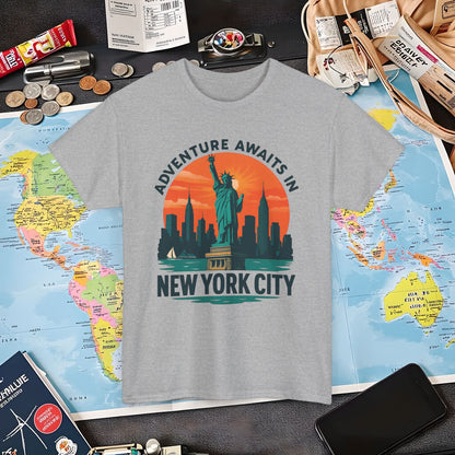 Adventure Awaits in New York City T-Shirt – Sunset Skyline with Statue of Liberty Design Air Travel T-Shirts | Jetsetter, Airport, and International Flight Tees
