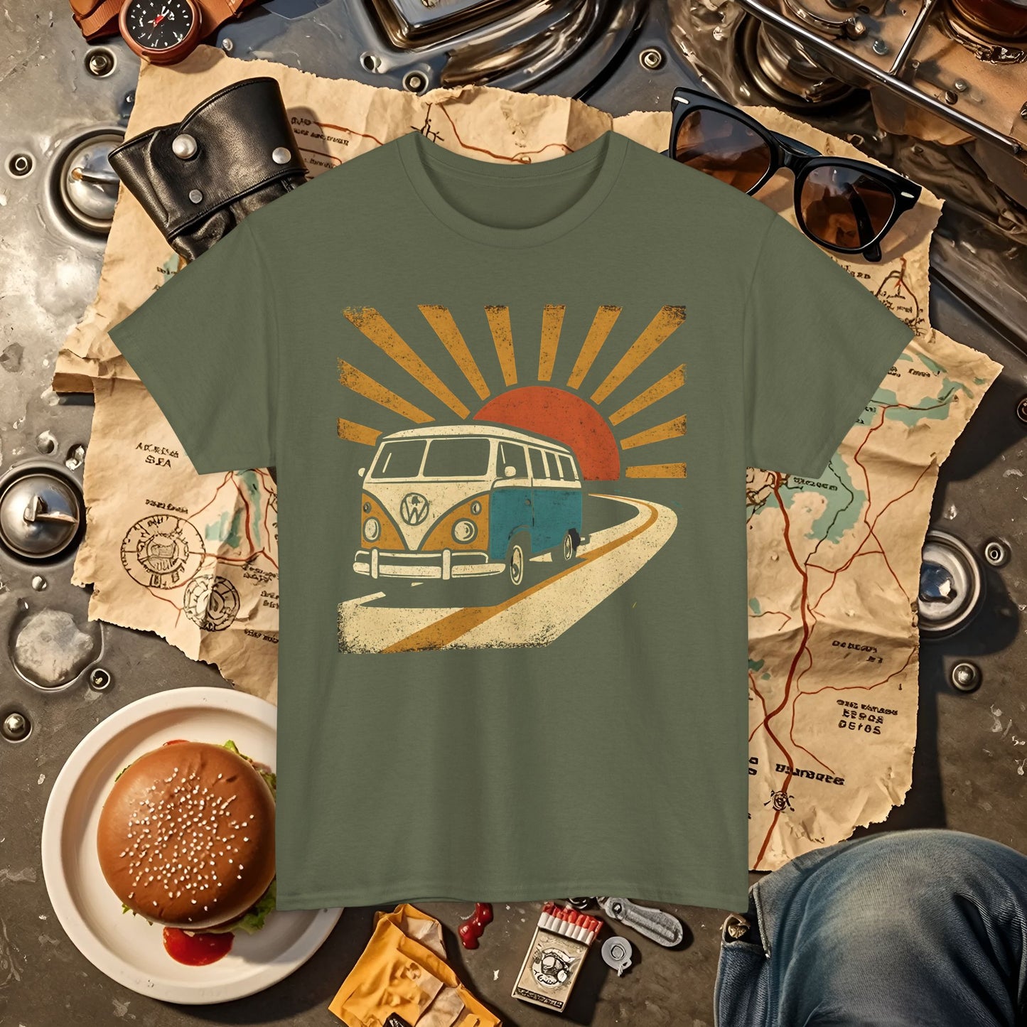 Sunset Road Trip T-Shirt – Vintage VW Van Adventure Design