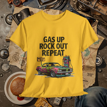 Gas Up, Rock Out and Repeat Road Trip & Vehicle Travel T-Shirts | Car, RV, and Motorcycle Adventure Tees