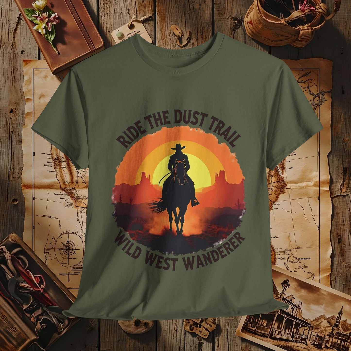 Ride the Dust Trail, Wild West Wanderer Western Travel T-Shirts | Desert, Ghost Town, and Cowboy-Inspired Adventure Tees