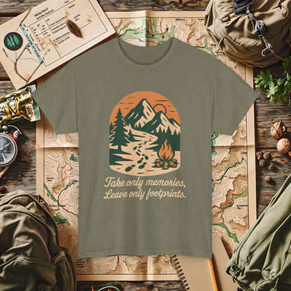Take Only Memories, Leave Only Footprints — Sunset Mountain Trail Adventure Badge T-Shirt | Camping, Hiking, Rafting & Kayaking Tees for Nature Lovers