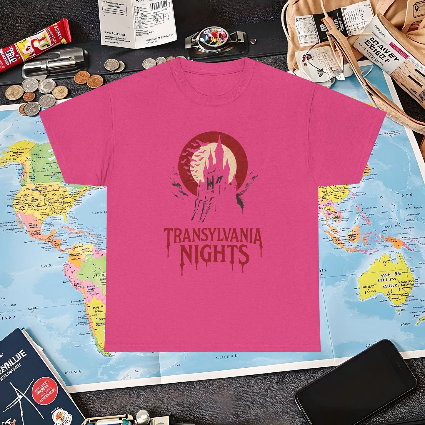 Gothic Transylvania Castle under Crimson Moon Tee – Dark Travel Romania Shirt | Layover Club Air Travel T-Shirts | Jetsetter, Airport, and International Flight Tees