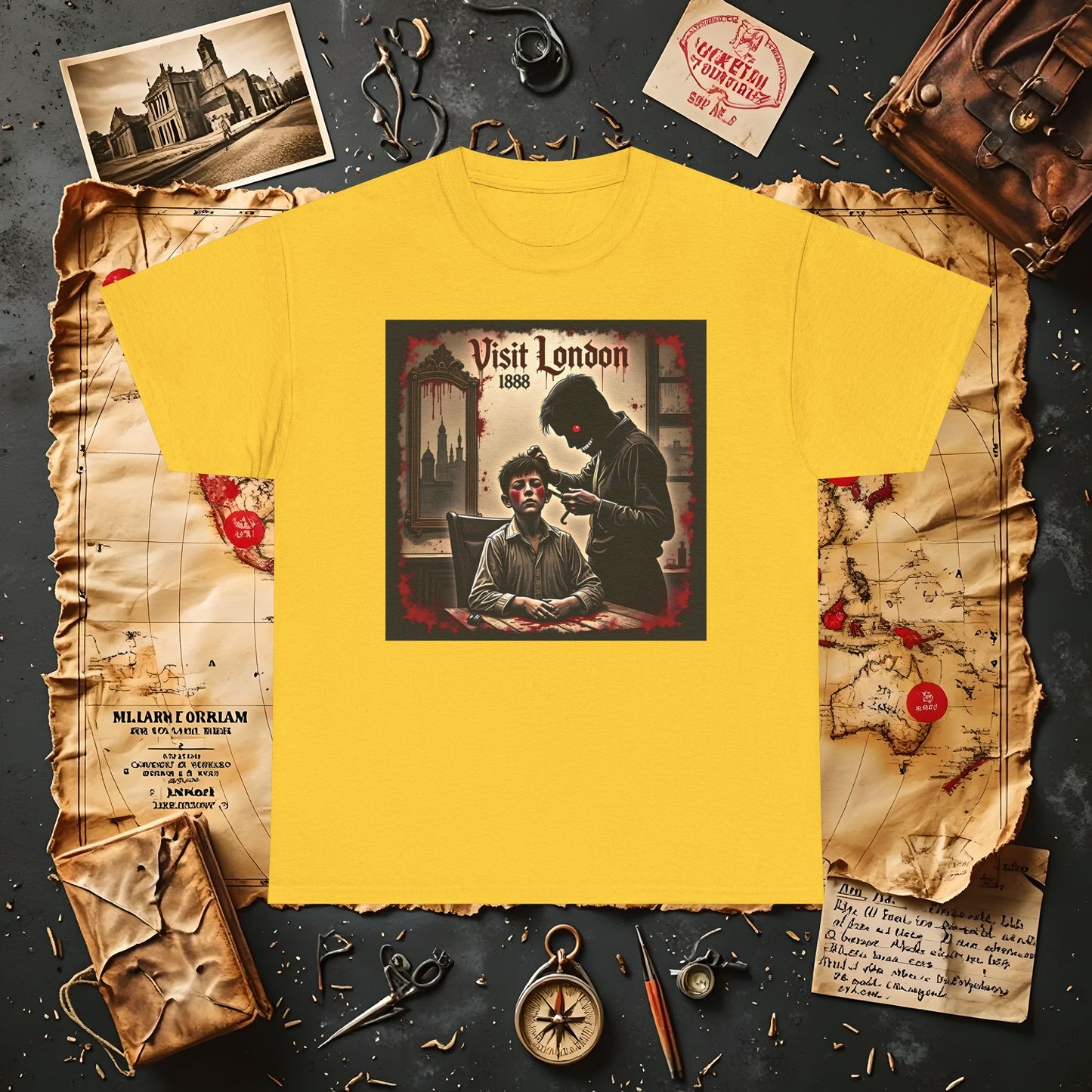 Visit London 1888 T-Shirt – Victorian Horror with Jack the Ripper and Evil Barber Art
