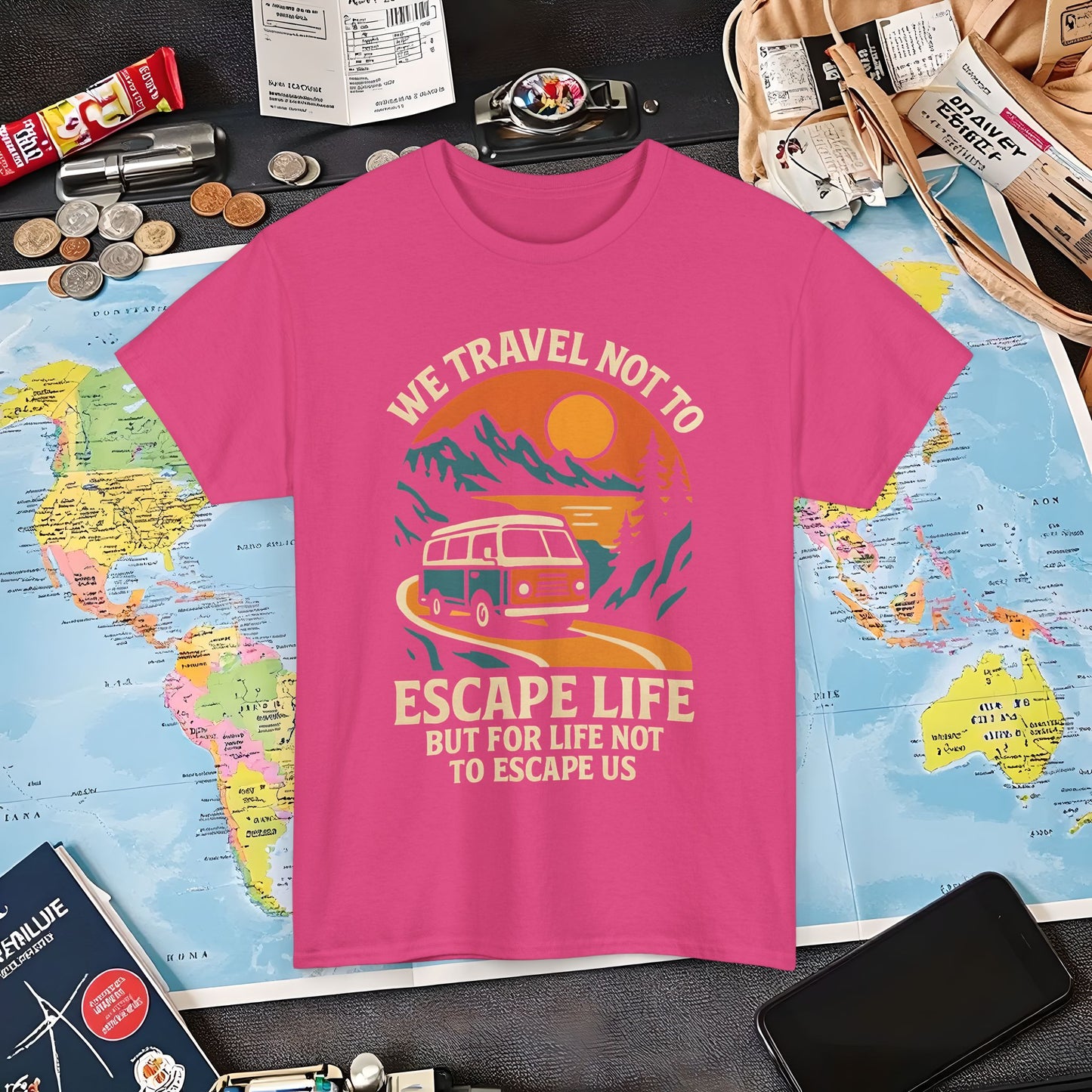 Travel Not to Escape Life – Retro Van & Sunset Road Adventure Tee | Layover Club Air Travel T-Shirts | Jetsetter, Airport, and International Flight Tees