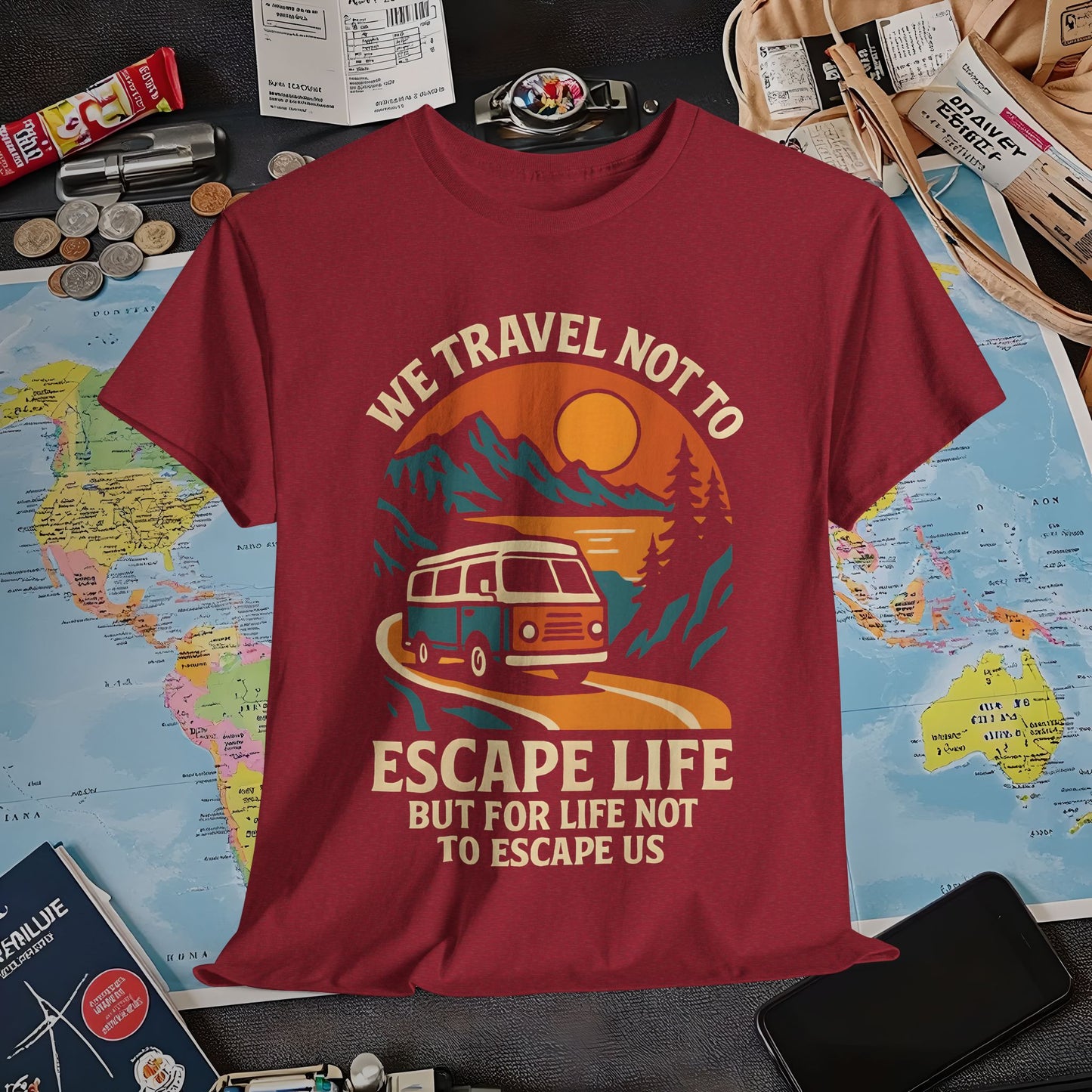 Travel Not to Escape Life – Retro Van & Sunset Road Adventure Tee | Layover Club Air Travel T-Shirts | Jetsetter, Airport, and International Flight Tees