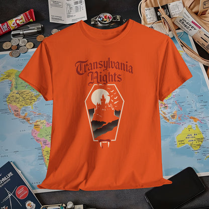 Transylvania Nights Gothic Castle Silhouette Tee – Dark Travel Romania Shirt | Layover Club Air Travel T-Shirts | Jetsetter, Airport, and International Flight Tees