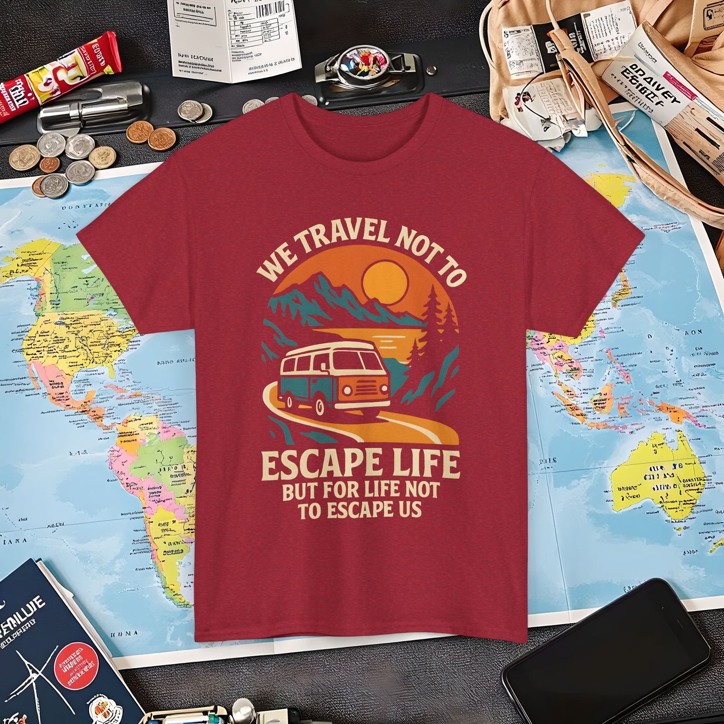 Travel Not to Escape Life – Retro Van & Sunset Road Adventure Tee | Layover Club Air Travel T-Shirts | Jetsetter, Airport, and International Flight Tees