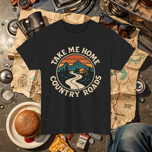 Take Me Home Country Roads T-Shirt – Retro Mountain Road to Cozy Cabin Design Road Trip & Vehicle Travel T-Shirts | Car, RV, and Motorcycle Adventure Tees