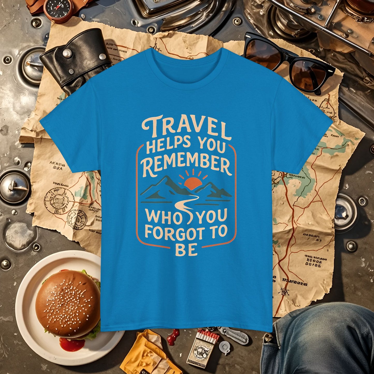 Travel Helps You Remember Who You Forgot to Be Tee – Retro Mountain Road Quote Shirt Road Trip & Vehicle Travel T-Shirts | Car, RV, and Motorcycle Adventure Tees