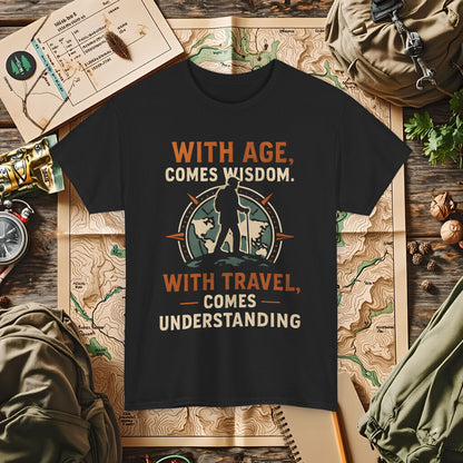 With Age Comes Wisdom, With Travel Comes Understanding Tee – Explorer Compass Design | Camping, Hiking, Rafting & Kayaking Tees for Nature Lovers