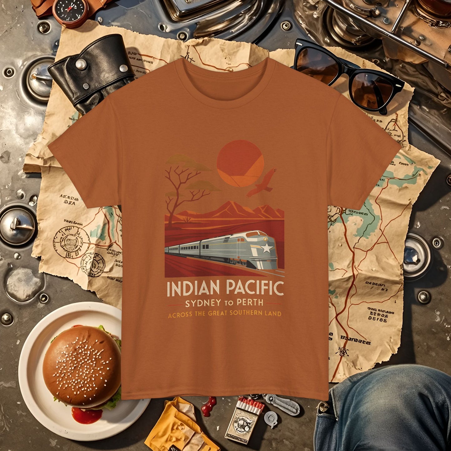 Australian Indian Pacific – Art Deco Desert Crossing Train Tee Road Trip & Vehicle Travel T-Shirts | Car, RV, and Motorcycle Adventure Tees