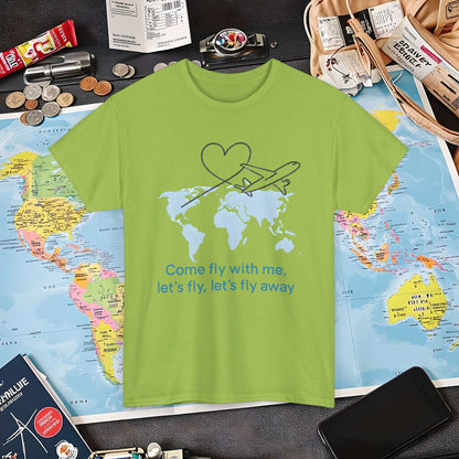 Come Fly With Me T-Shirt – Heart-Loop Airplane Over World Map Design Air Travel T-Shirts | Jetsetter, Airport, and International Flight Tees