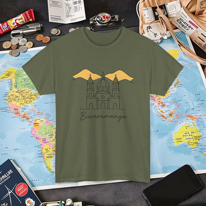 Bucaramanga Cathedral with Andes Silhouette – Vintage Colombia Travel Tee | Layover Club Air Travel T-Shirts | Jetsetter, Airport, and International Flight Tees