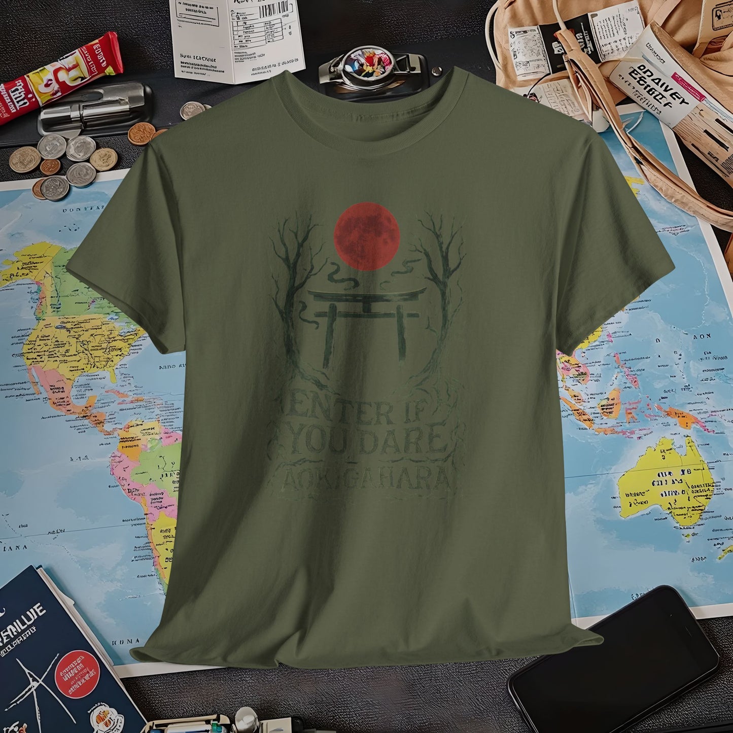 Aokigahara Torii Path Under Blood Moon Tee | Layover Club Air Travel T-Shirts | Jetsetter, Airport, and International Flight Tees