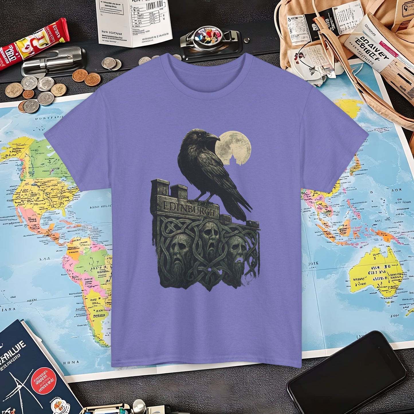 Gothic Crow on Edinburgh’s Haunted Battlements Tee – Dark Tourism Scotland Shirt | Layover Club Air Travel T-Shirts | Jetsetter, Airport, and International Flight Tees