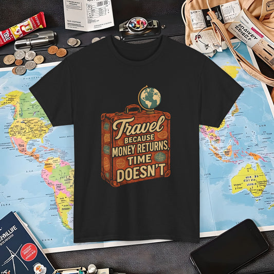 Travel Because Money Returns, Time Doesn’t – Vintage Suitcase Globe Travel Quote Tee | Layover Club Air Travel T-Shirts | Jetsetter, Airport, and International Flight Tees