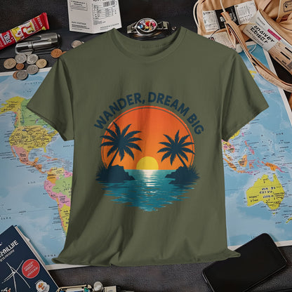 Wander Dream Big T-Shirt – Tropical Sunset with Palm Silhouettes Design Air Travel T-Shirts | Jetsetter, Airport, and International Flight Tees