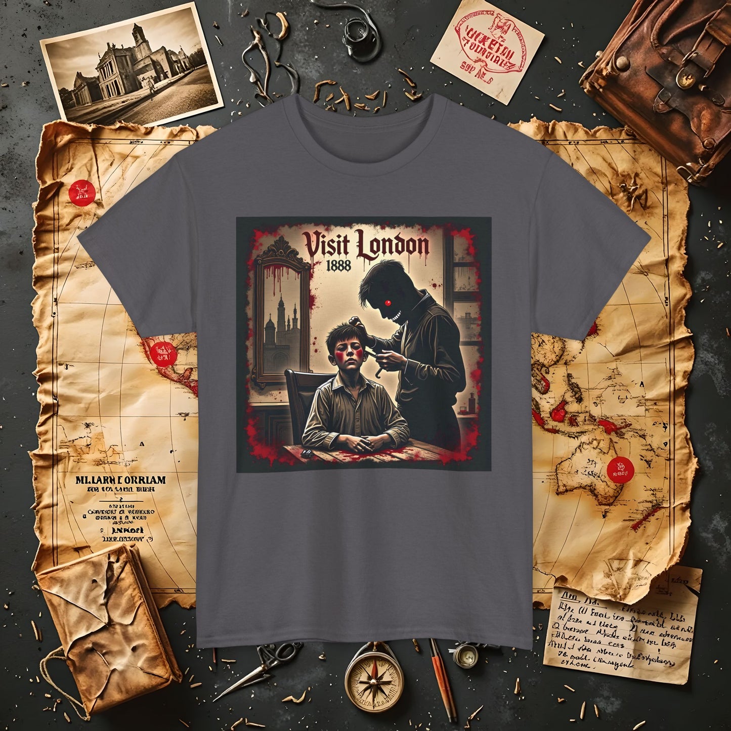 Visit London 1888 T-Shirt – Victorian Horror with Jack the Ripper and Evil Barber Art