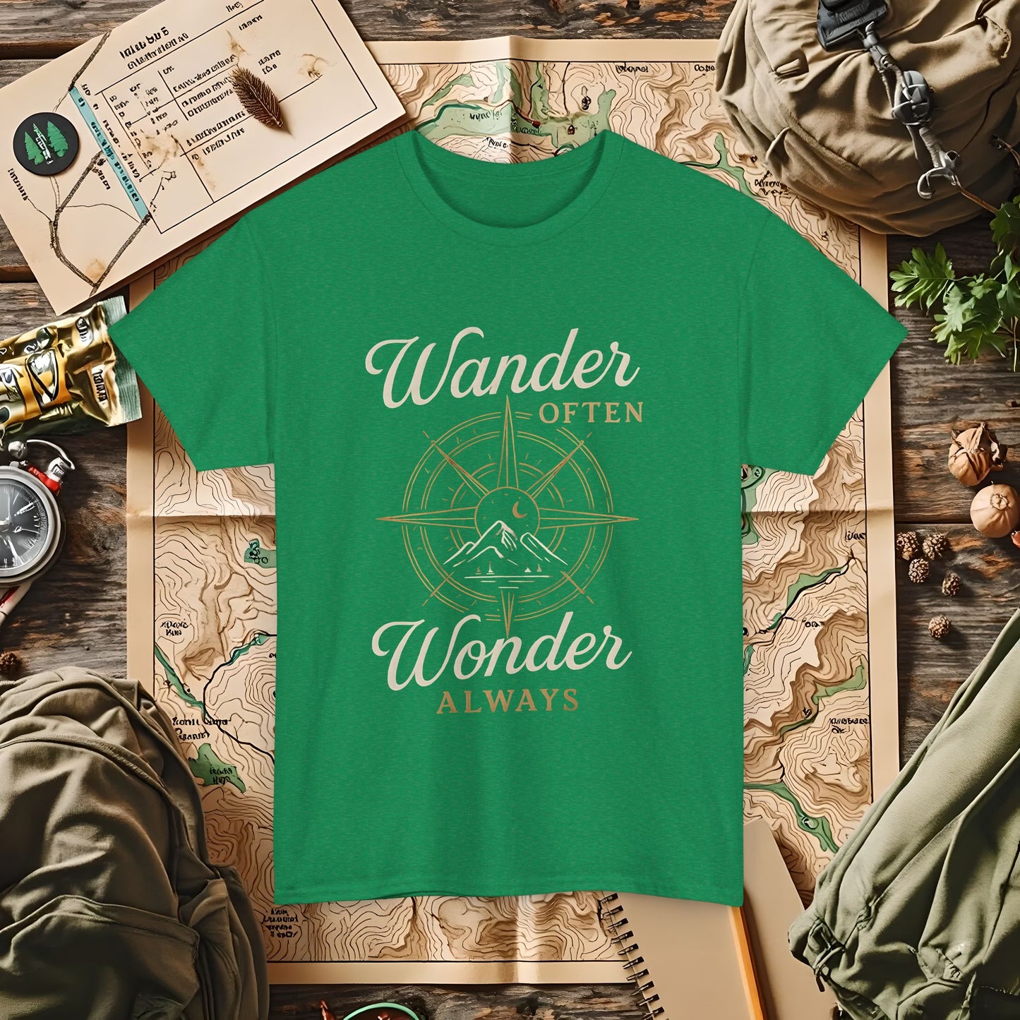 Wander Often, Wonder Always – Compass Quote Travel Tee | Camping, Hiking, Rafting & Kayaking Tees for Nature Lovers