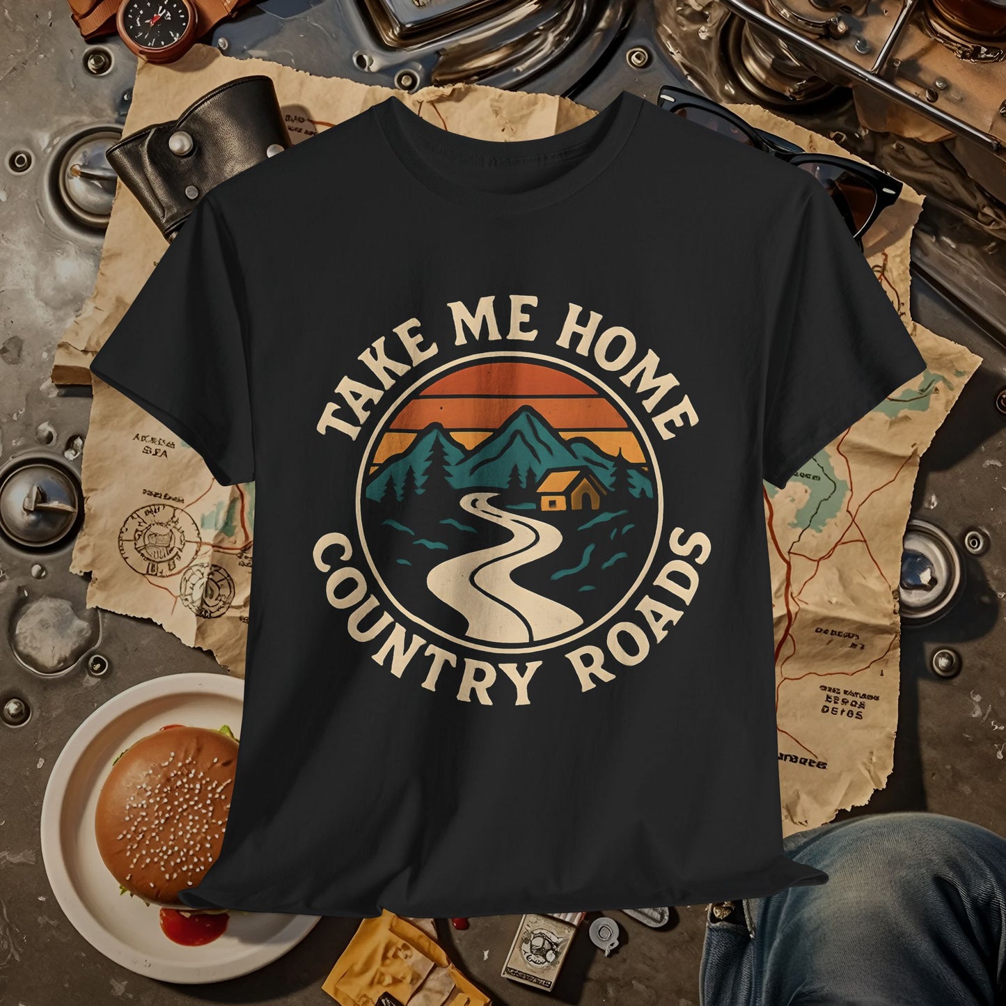 Take Me Home Country Roads T-Shirt – Retro Mountain Road to Cozy Cabin Design Road Trip & Vehicle Travel T-Shirts | Car, RV, and Motorcycle Adventure Tees