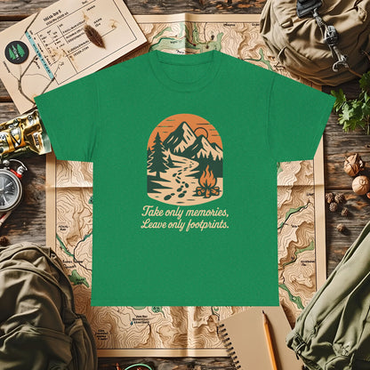 Take Only Memories, Leave Only Footprints — Sunset Mountain Trail Adventure Badge T-Shirt | Camping, Hiking, Rafting & Kayaking Tees for Nature Lovers