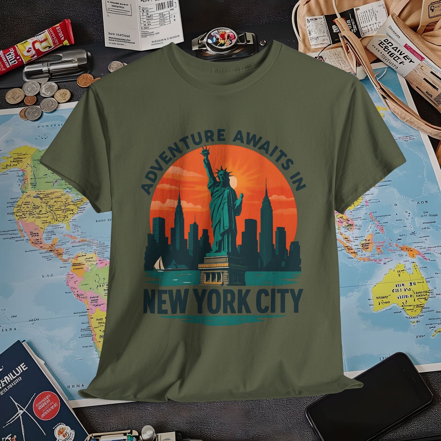 Adventure Awaits in New York City T-Shirt – Sunset Skyline with Statue of Liberty Design Air Travel T-Shirts | Jetsetter, Airport, and International Flight Tees