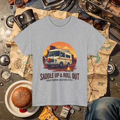 Saddle Up and Roll out Road Trip & Vehicle Travel T-Shirts | Car, RV, and Motorcycle Adventure Tees