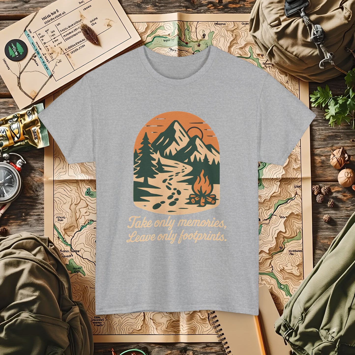 Take Only Memories, Leave Only Footprints — Sunset Mountain Trail Adventure Badge T-Shirt | Camping, Hiking, Rafting & Kayaking Tees for Nature Lovers